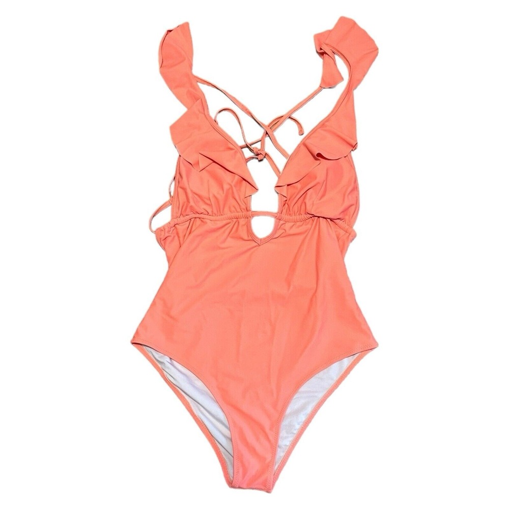 CUPSHE Coral Pink Ruffle V-Neck One Piece Swimsuit Women's M Resortwear Beach